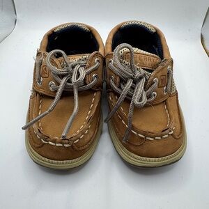 Sperry Toddler Size 6M Boys Girls Tan Moccasin-Style Shoes with Nautical Design